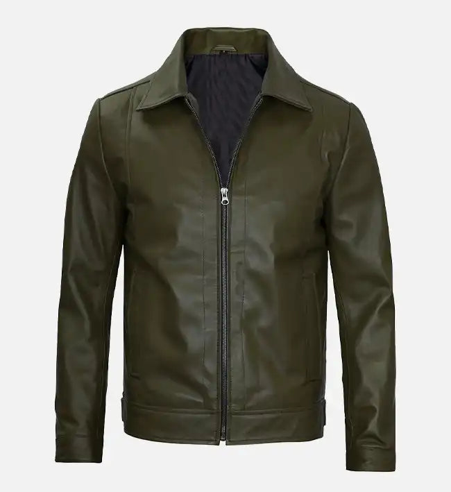 Men's olive green real leather harrington jacket, front view