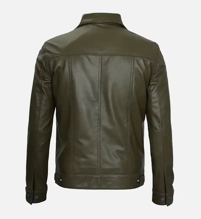 Men's olive green real leather trucker jacket, back view