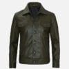 Men's olive green real leather trucker jacket, front view