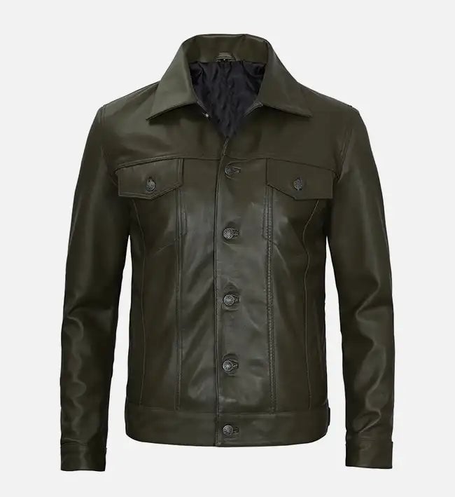 Men's olive green real leather trucker jacket, front view