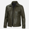 Men's olive green real leather trucker jacket, left-side view