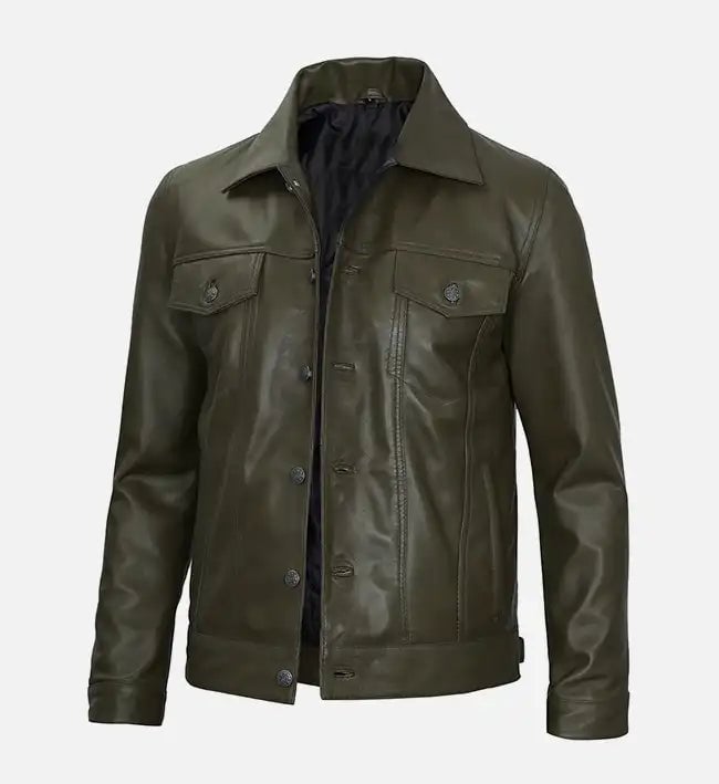 Men's olive green real leather trucker jacket, left-side view