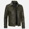 Men's olive green real leather trucker jacket, right-side view