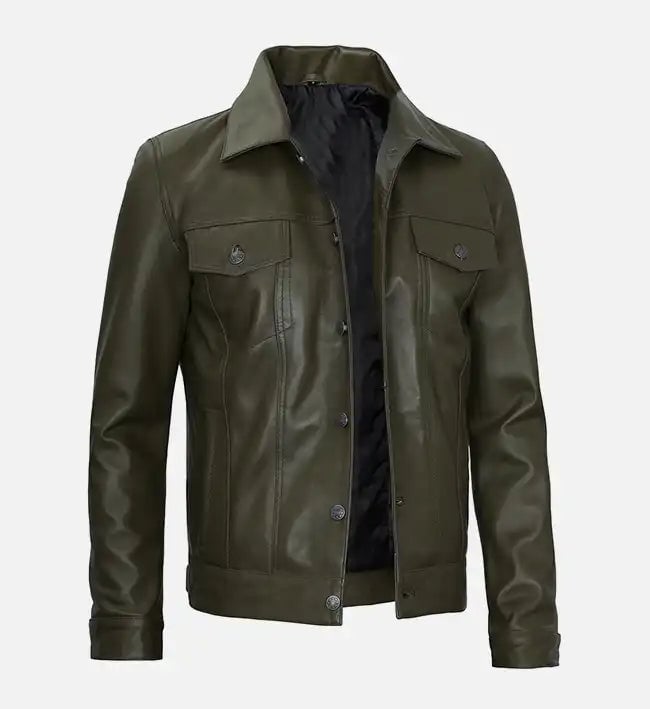 Men's olive green real leather trucker jacket, right-side view