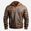 Front view of men's brown leather jacket with detachable hood, stitched shoulders and four zip pockets