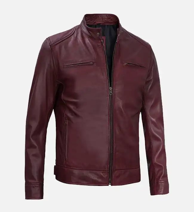 Alternative view of Men's Maroon Cafe Racer Premium Leather Jacket