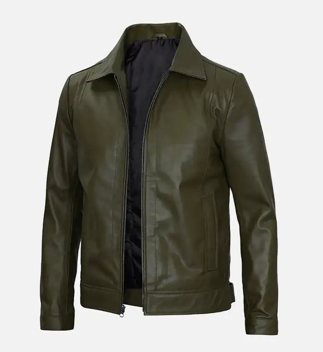 Men's olive green real leather harrington jacket