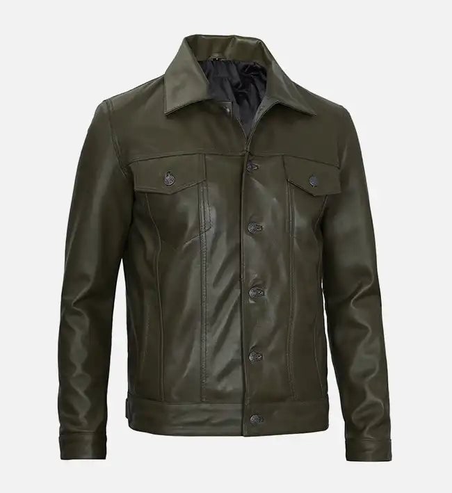 Men's olive green real leather trucker jacket