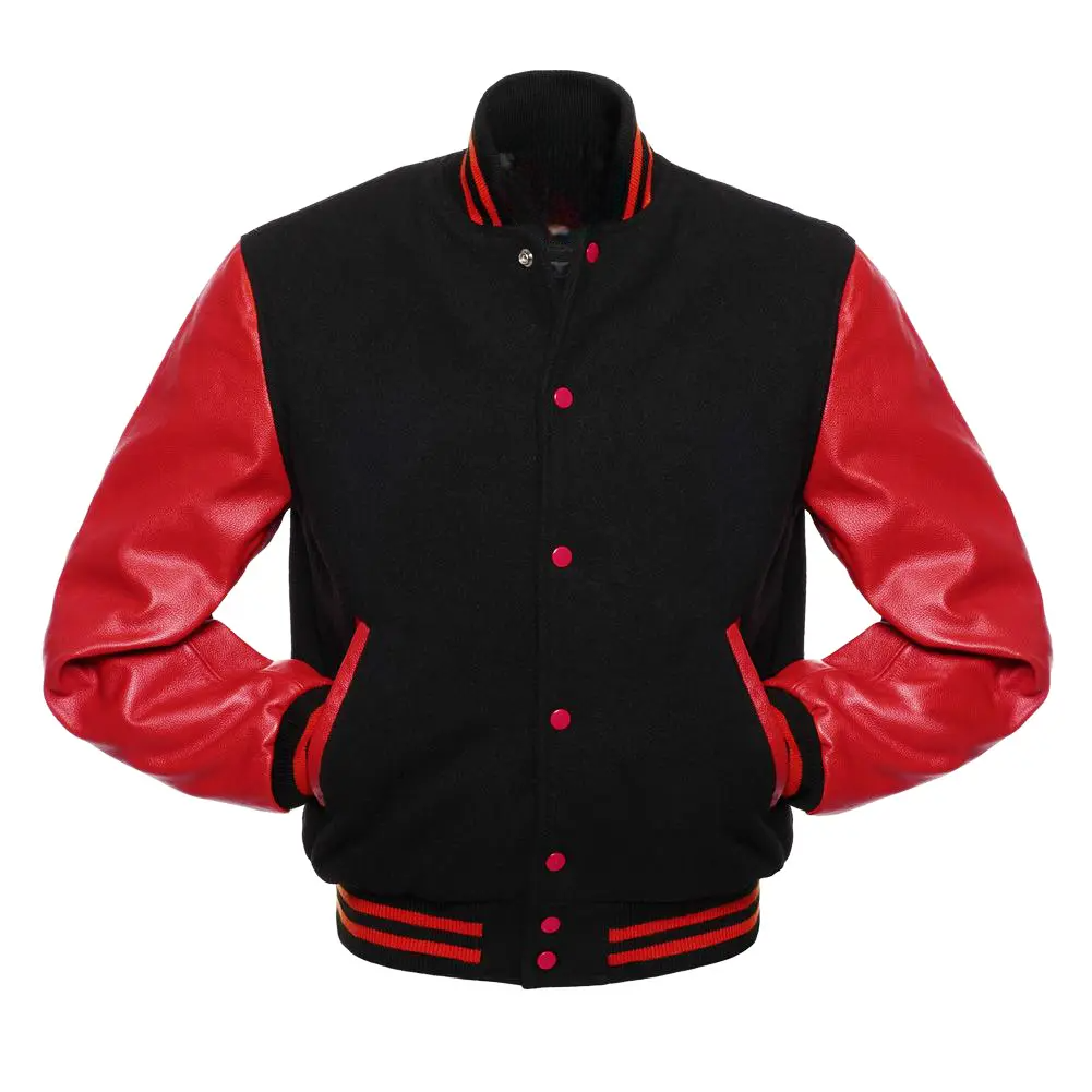 Black Wool Red Leather Sleeves Varsity Jacket
