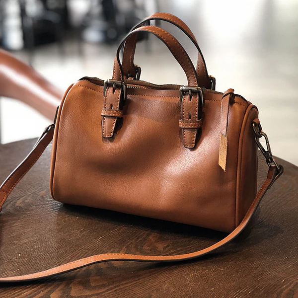 Compact Leather Boston Satchel – Tan Crossbody Bag