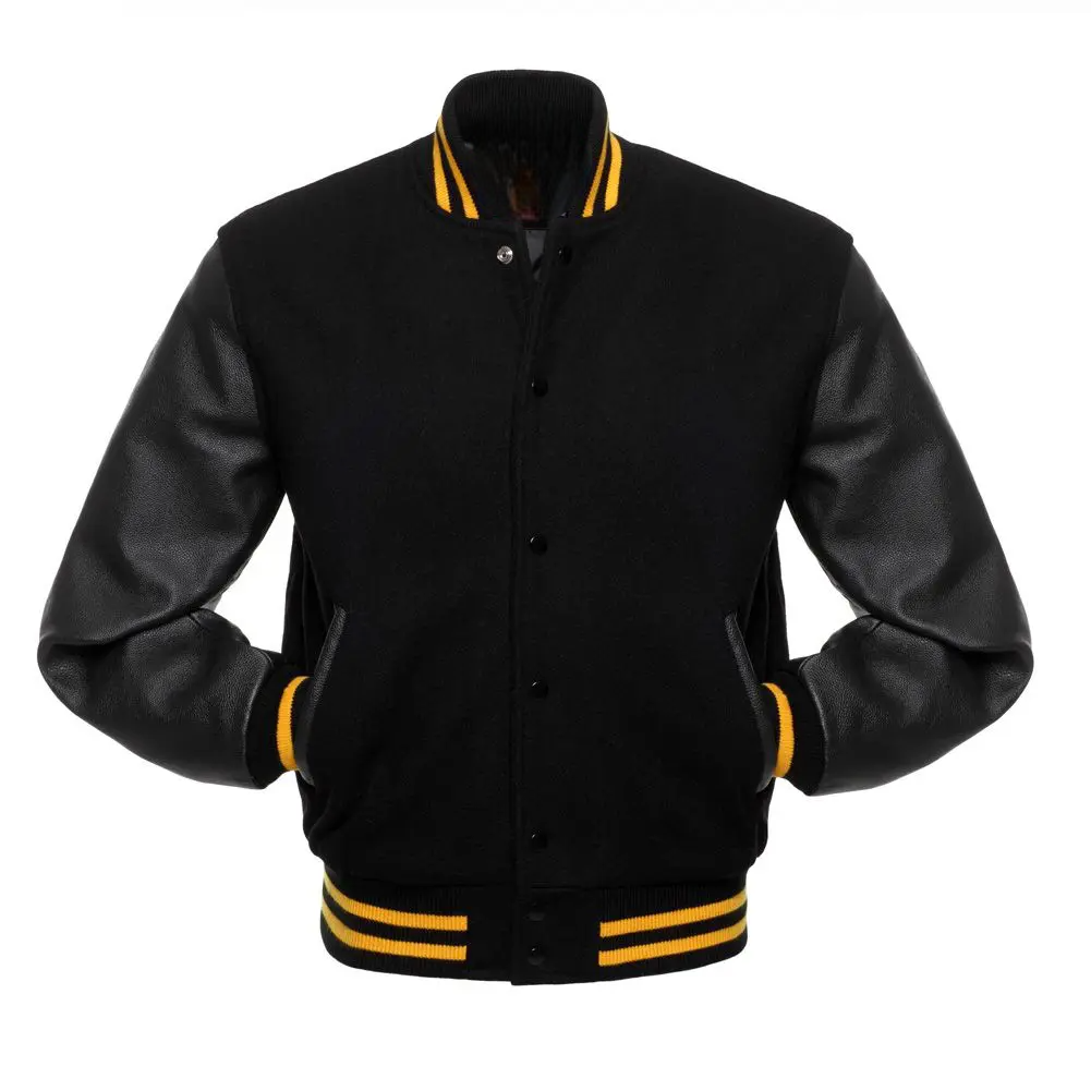 Unisex Black Wool Leather Sleeves Varsity Jacket