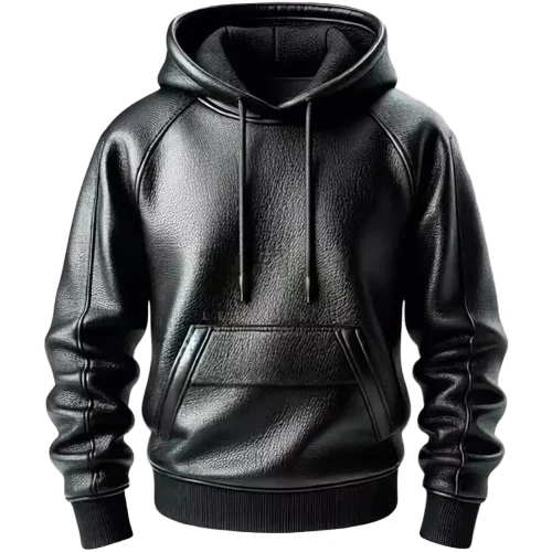 Men's Black Leather Pullover Hoodie