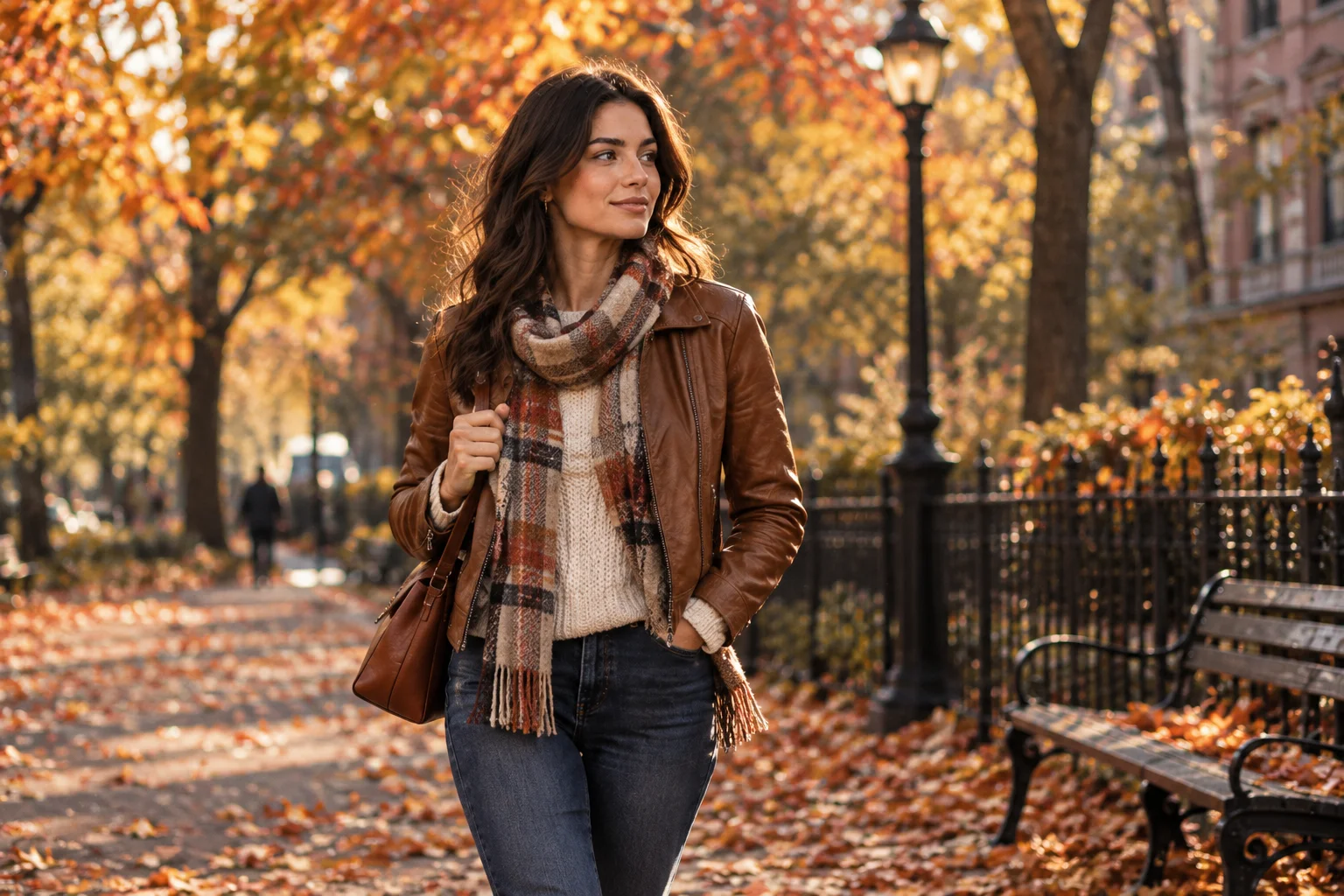 Woman in a brown jacket, chunky knit, and scarf on an autumn street