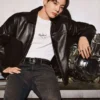 Jung Kook black leather racer jacket in a fitted silhouette