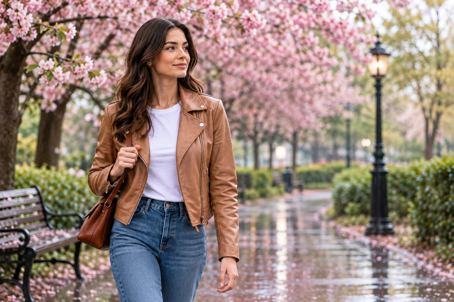 Woman in a tan lightweight jacket and white tee walking through a blooming spring park