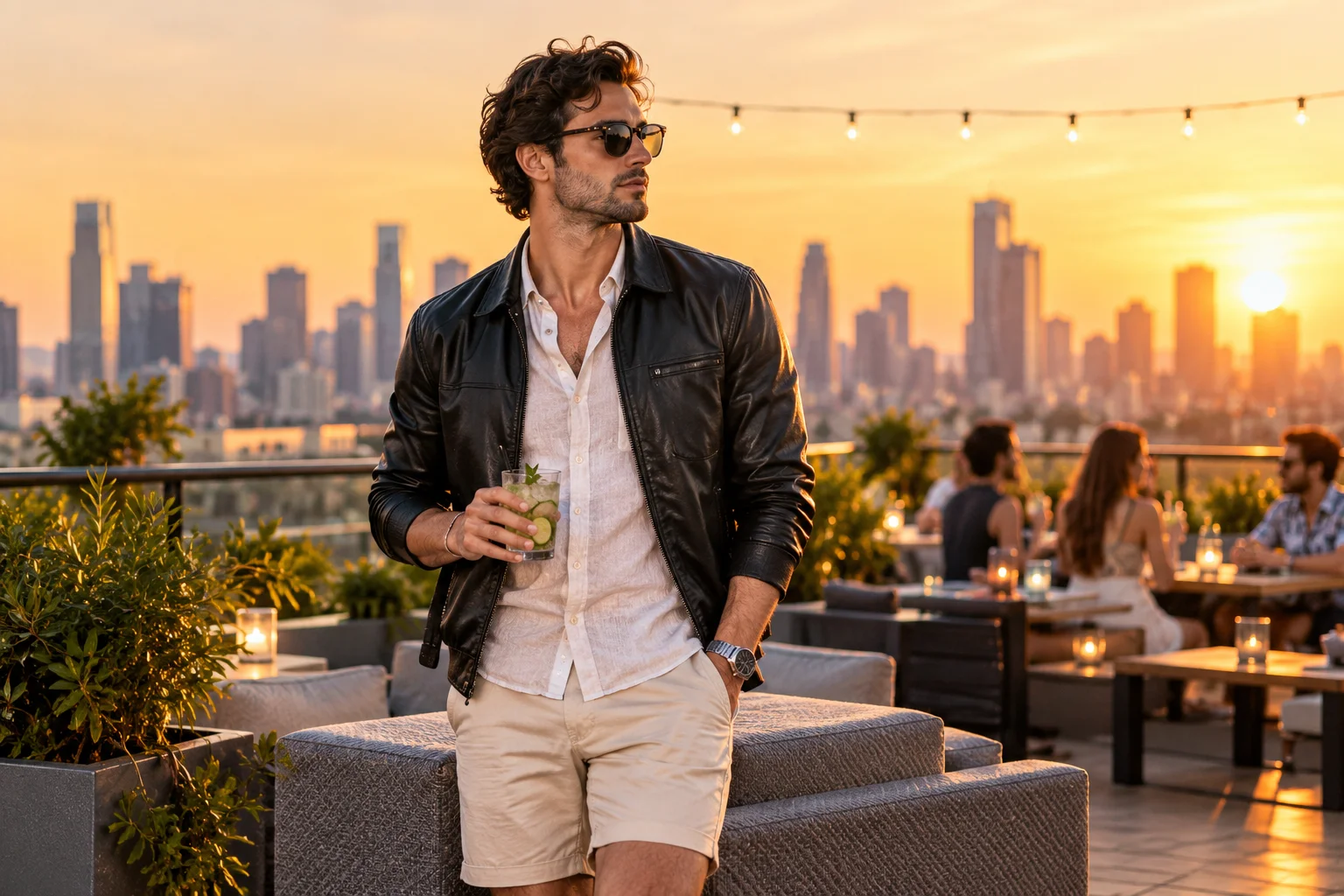 Man wearing a thin black jacket over a linen shirt at a summer sunset