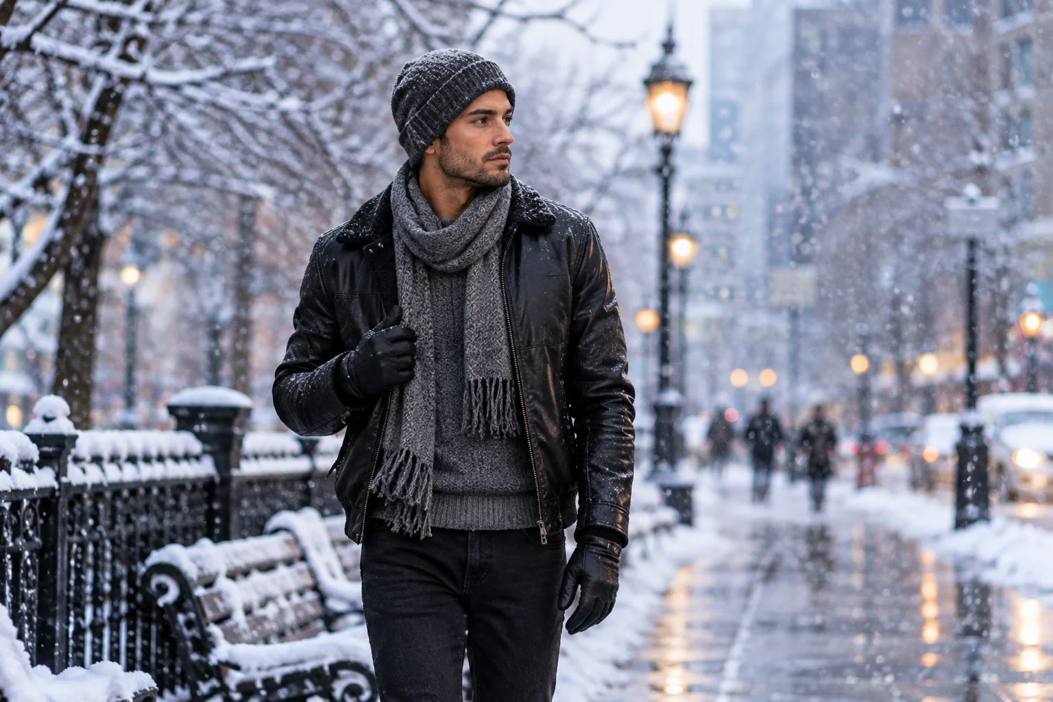 Man in a thick black jacket, beanie, and wool scarf on a snowy street