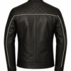 Back ghost mannequin view of men's black cow leather jacket with diamond-quilted yoke and cream piping