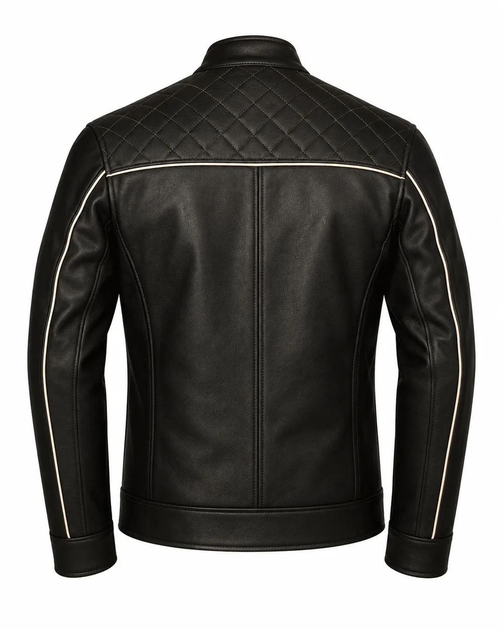 Back ghost mannequin view of men's black cow leather jacket with diamond-quilted yoke and cream piping