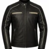 Front ghost mannequin view of men's black cow leather cafe racer jacket with cream piping and four zip pockets