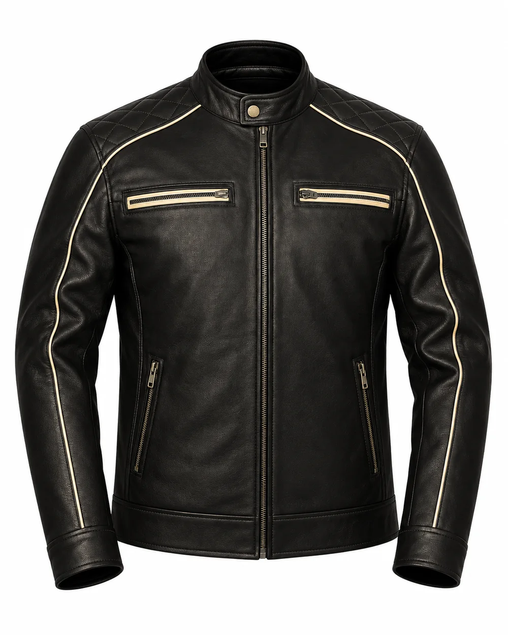 Front ghost mannequin view of men's black cow leather cafe racer jacket with cream piping and four zip pockets