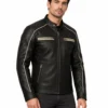 Male model wearing the black cow leather cafe racer jacket with cream piping and quilted shoulders