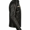 Side ghost mannequin view of men's black cow leather cafe racer jacket with cream sleeve piping